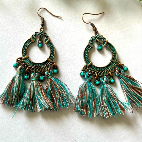 SALE! NEW Bohemian Turquoise Tassel Earrings - Picture 1 of 4